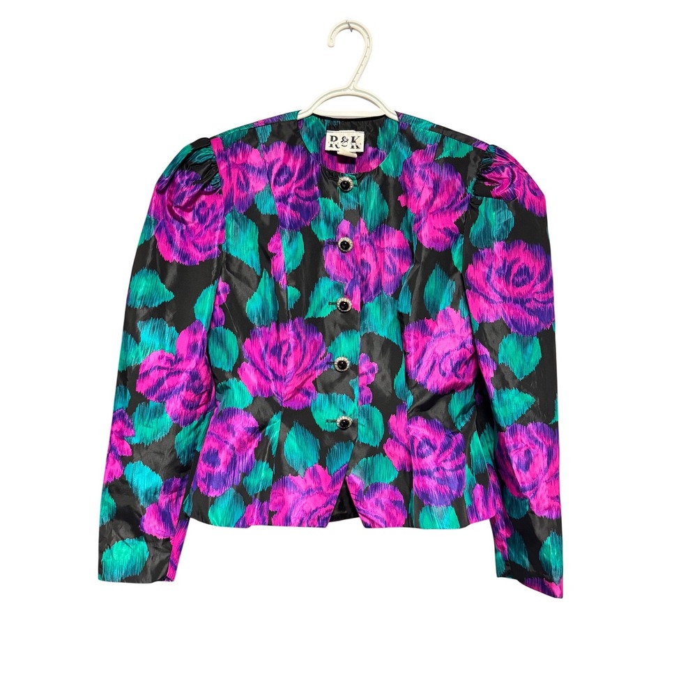 R&K Evenings Vintage‎ Black Floral Blazer Jacket Size 6 Puffed Shoulder